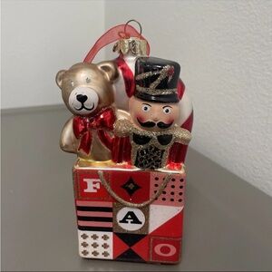FAO‎ SCHWARTZ HAND BLOWN GLASS ORNAMENT 2018 Nutcracker & VTG Teddy In Gift Bag